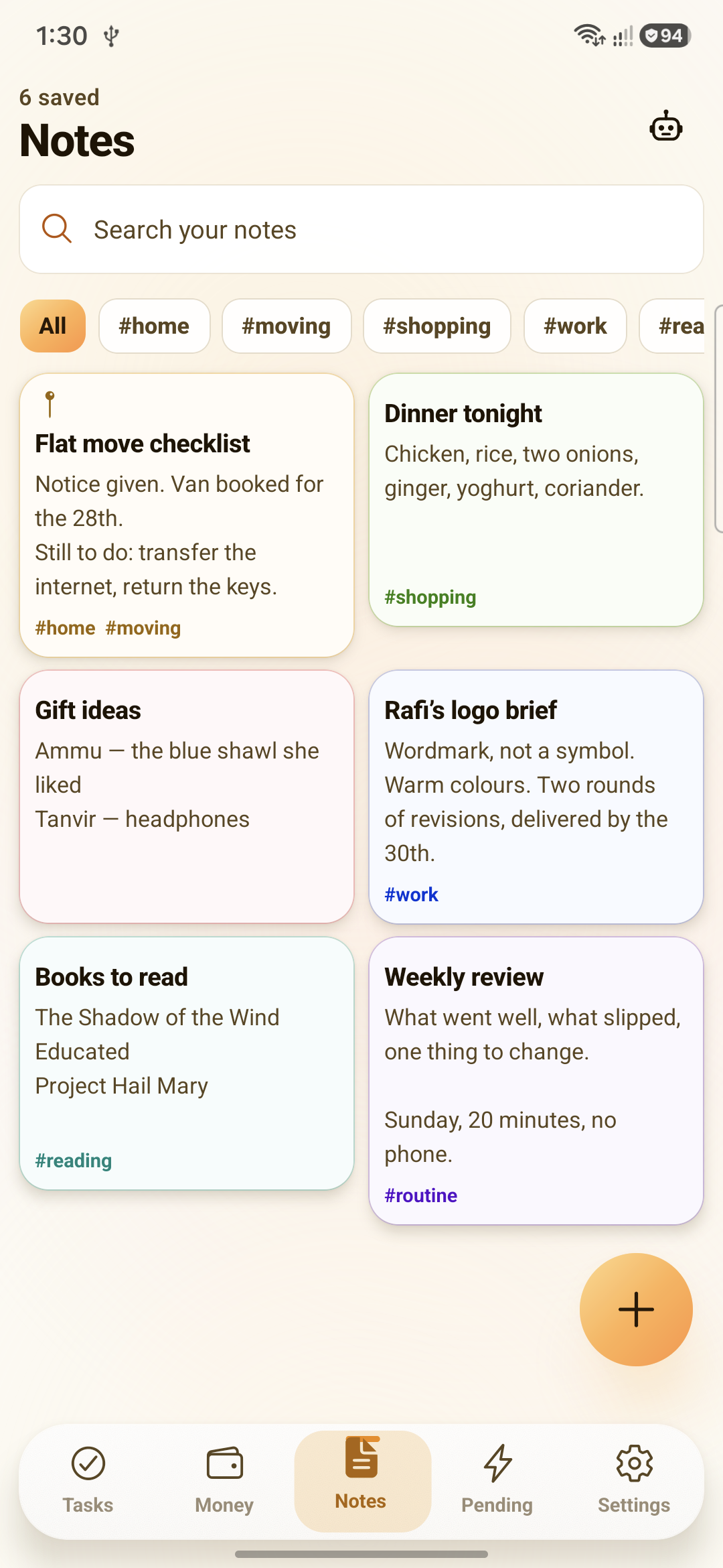 Notes screen