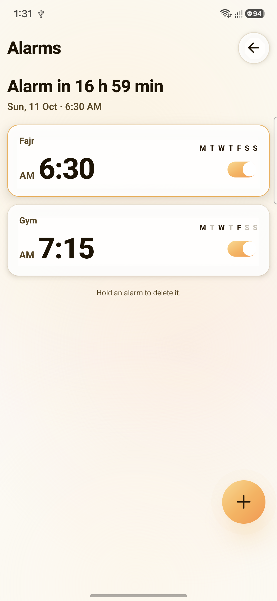 Alarms screen