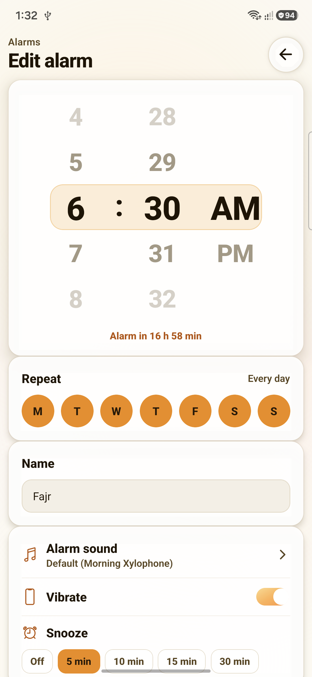 Set an alarm screen